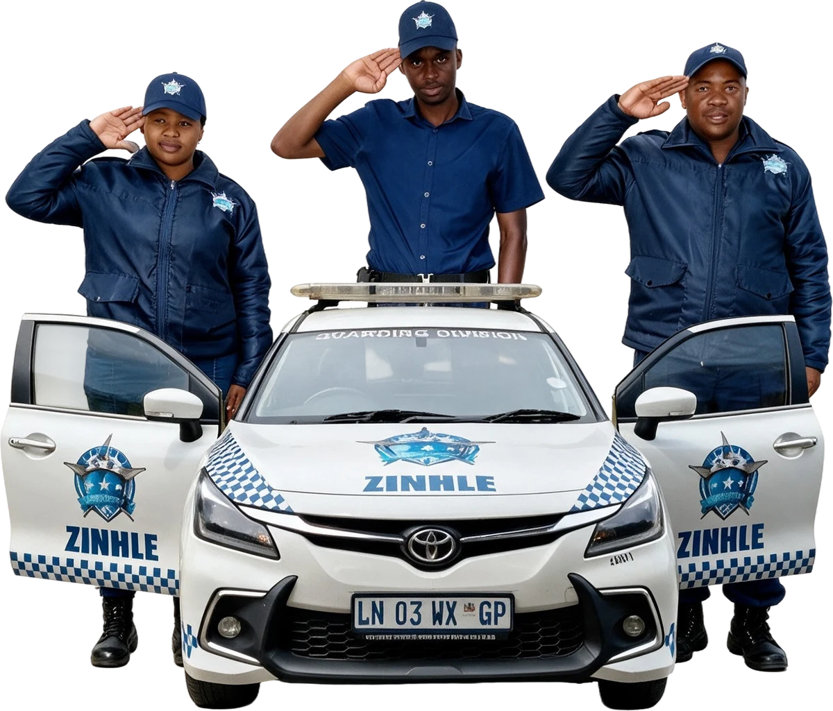 Three Zinhle security officers saluting beside a white Zinhle Guarding Division reaction vehicle with its doors open.